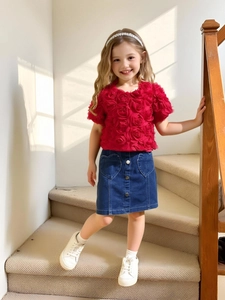 Girls Sweet 3D Rose Flower Short Sleeve Top And Dark Denim Heart Pocket Skirt Summer Casual Fashion Clothes Outfit