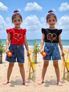 Completo Estivo da Ragazza Con T-Shirt a Maniche a Volant e Pantaloncini in Denim Ricamati a Farfalla Outfit Casual