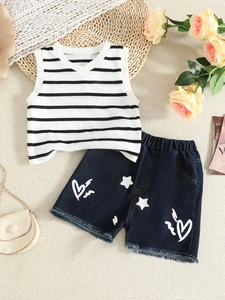 Girls striped sleeveless top and denim shorts set with heart star print in flat lay
