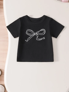 Girls black cotton t-shirt with minimalist white bow print and round neckline