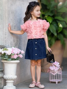 Pink 3D floral short sleeve top with heart-pocket denim skirt two-piece summer set