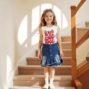 Detailed view of girls sleeveless floral top with denim ruffled skirt and metal buttons