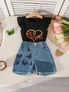 Set bambina con t-shirt Big Sister con maniche a farfalla e pantaloncini in denim