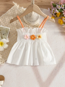 Girls summer camisole set with smocked bodice and handcrafted 3D floral accents