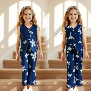 Detail of girls denim vest and trousers set with white flower and palm tree patterns
