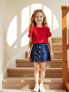 Girls 2-piece set with red 3D rose textured top and denim skirt with heart pockets