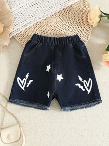 Girls striped top and denim shorts set with star heart prints for summer wear