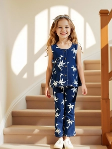 Ensemble deux pièces pour filles avec haut sans manches imprimé palmier et pantalon