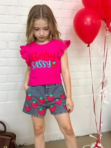 Girls Summer Strawberry Print Top And Denim Shorts Top And Pants Flutter Sleeve Cartoon Casual Cotton Kids Outfit