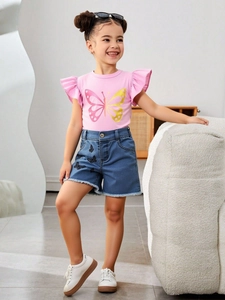 Girls Summer Clothing Set Pink Flutter Sleeve Butterfly Print T-Shirt And Butterfly Embroidery Denim Shorts Two-Piece Outfit