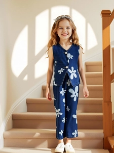 Denim floral two-piece set for girls with sleeveless vest and matching loose trousers