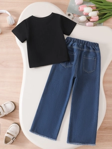 Girls black short sleeve t-shirt and wide leg denim jeans set with fringe hem