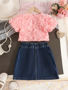 Girls summer set with pink 3D rose short sleeve top and dark blue denim heart skirt