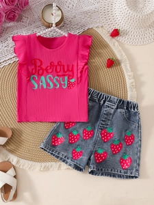 Girls summer set with Berry Sassy flutter sleeve top and strawberry print denim shorts