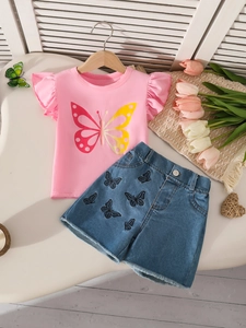 Girls summer set with pink butterfly flutter sleeve top and embroidered denim shorts