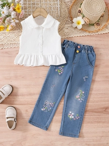 Tenue pour Filles Chemise Sans Manches à Volants et Pantalon en Jean Brodé Lapin Tenue Décontractée en Polyester
