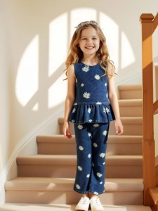 Girls daisy print denim set with ruffle hem sleeveless top and matching straight pants