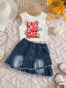 Girls summer sleeveless letter print vest with denim ruffle skirt two-piece outfit