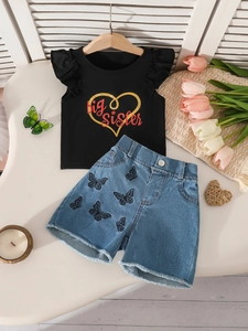 Completo estivo da bambina 2 pezzi con t-shirt Big Sister e pantaloncini denim a farfalla