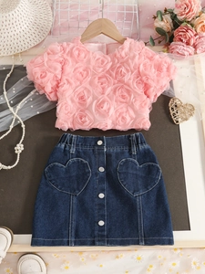 Girl's pink 3D rose short-sleeve top and heart-pocket denim skirt two-piece summer set