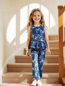 Girls Summer Denim Clothes Set Daisy Butterfly Printed Sleeveless Peplum Top And Wide Leg Pants Casual Cotton Outfit Kids