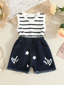 Girls summer set with striped V-neck sleeveless top and printed denim shorts outfit