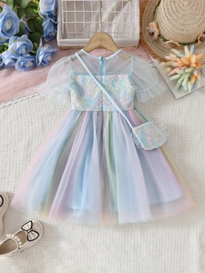 Rainbow tulle girl princess dress with 3D floral accents and matching mini bag