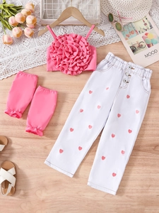Ensemble 3 pièces pour filles avec haut à fleurs rose, pantalon à cœurs et jambières
