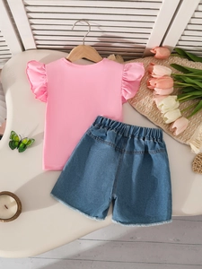 Girl's summer outfit with pink flutter sleeve t-shirt and floral denim shorts set