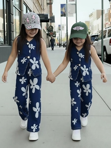 Girls denim sleeveless vest and wide leg pants set with white floral prints