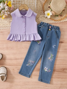 Ensemble pour fille avec chemise sans manches violette et jean droit brodé de fleurs