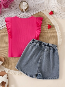 Girls summer set with rose red ruffled sleeveless top and blue denim shorts set