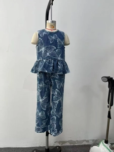 Detail of girls denim set featuring sleeveless ruffled top and butterfly print wide leg pants