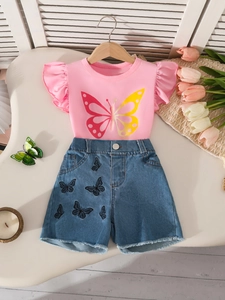 Girls summer set with pink butterfly print flutter sleeve tee and embroidered denim shorts