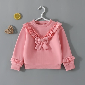 Pink girls sweatshirt with ruffled V-neck and decorative bow in sweet knit style