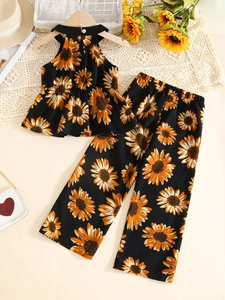 Ensemble d'été 2 pièces pour filles à fleurs de tournesol avec haut licou et pantalon
