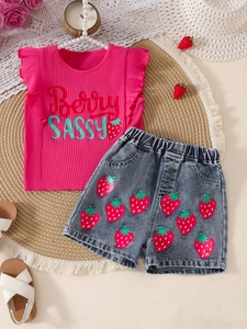 Girls strawberry print top and denim shorts set with ruffled sleeves and pink ribbed fabric