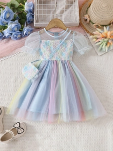 Girl's rainbow mesh princess dress with colorful 3D flowers and matching small bag