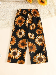 Ensemble d'été fille avec pantalon noir à imprimé tournesol en tissu léger et doux