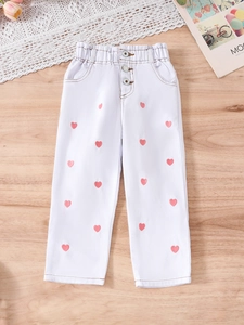 Jean blanc pour fille avec broderie cœur rose et taille élastique confortable
