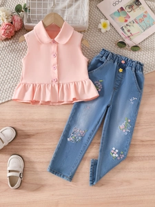 Ensemble fille avec haut sans manches rose à volants et jean en denim brodé de fleurs