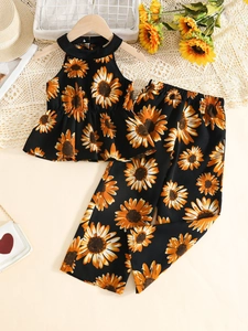 Ensemble d'été fille imprimé tournesol avec haut licou noir et pantalon large