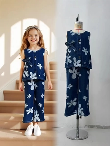 Ensemble en jean pour fille avec imprimé fleurs top sans manches à nœud et pantalon large