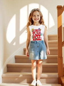 Girls Summer Clothing Set Sleeveless Letter Print White Tank Top And Ruffled Denim Shorts Skirt Two Piece Casual Outfit