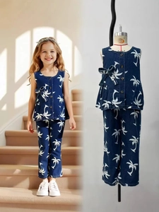 Ensemble en jean bleu foncé pour filles avec imprimé palmiers et nœuds décoratifs
