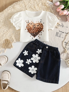 Toddler Girls Summer Clothing Heart Print Puff Sleeve Top And Floral Denim Shorts Bowknot Pattern Casual Kids Outfit