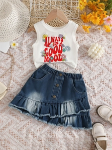 Girls summer outfit set with floral print sleeveless top and denim ruffle skirt