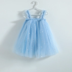 Girls light blue tulle tutu dress with ruffled straps and silver sequin star moon patterns