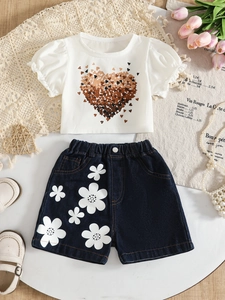 Girls summer set with heart print puff sleeve top and floral denim shorts outfit