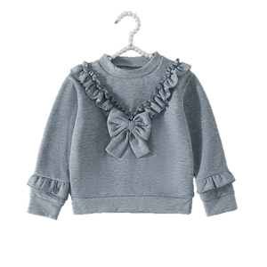 Fleece sweatshirt for girls with sweet ruffle lace and bow detail in heather grey